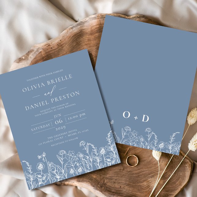 Wildflower Dusty Blue Monogram Wedding Invitation (Creator Uploaded)