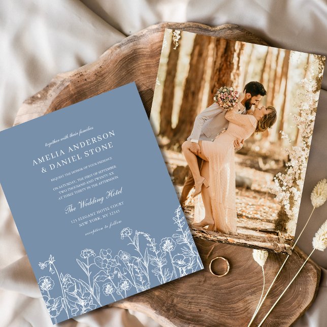 Wildflower Dusty Blue Photo Wedding Invitation (Creator Uploaded)