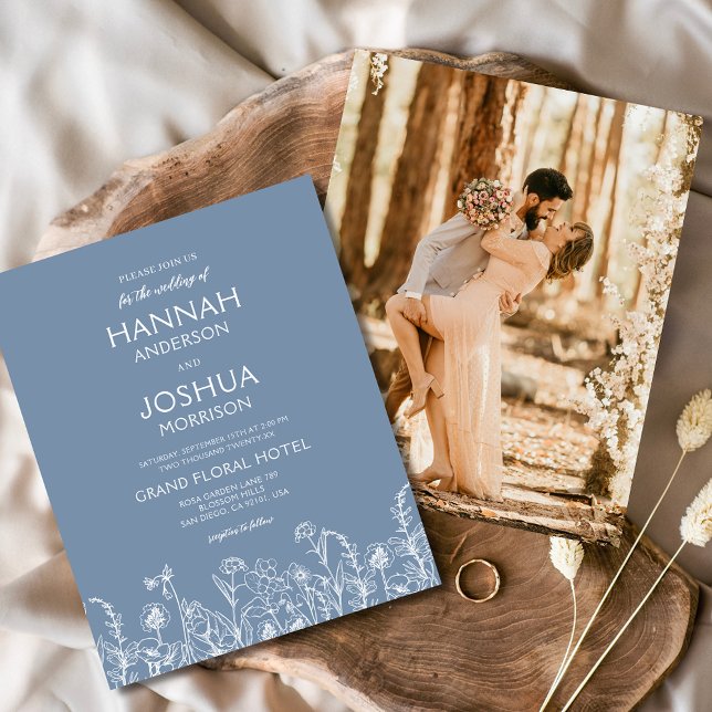 Wildflower Dusty Blue Photo Wedding Invitation Flyer (Creator Uploaded)