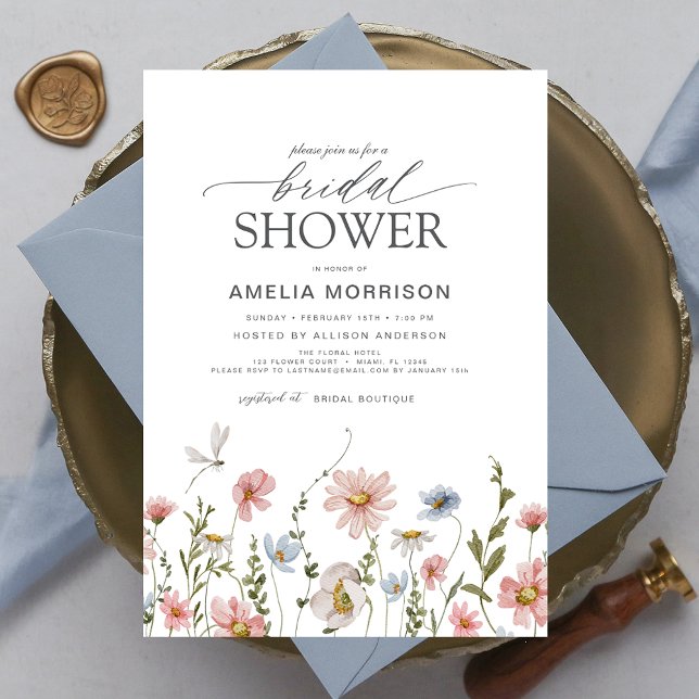 Wildflower Dusty Blue Pink Garden Bridal Shower Invitation (Creator Uploaded)