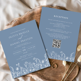 Wildflower Dusty Blue QR Code Wedding Invitation