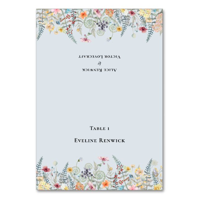 Wildflower Dusty Blue Wedding Foldable Place Card (Front)