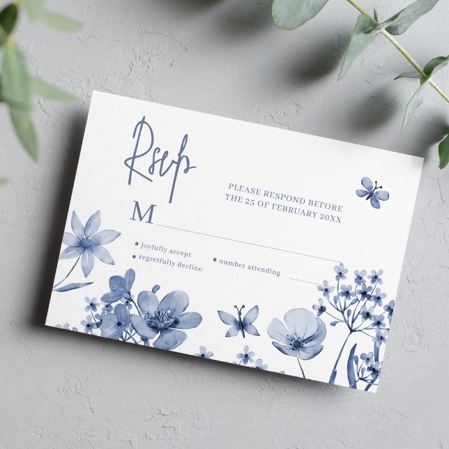 Wildflower dusty blue wedding response RSVP card (Creator Uploaded)