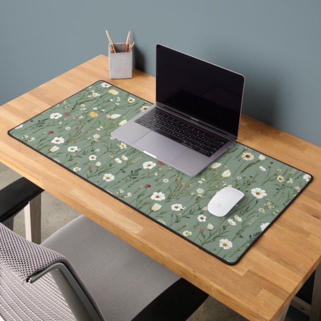 Wildflower Dusty Sage Floral Green Desk Mat (Office 2)