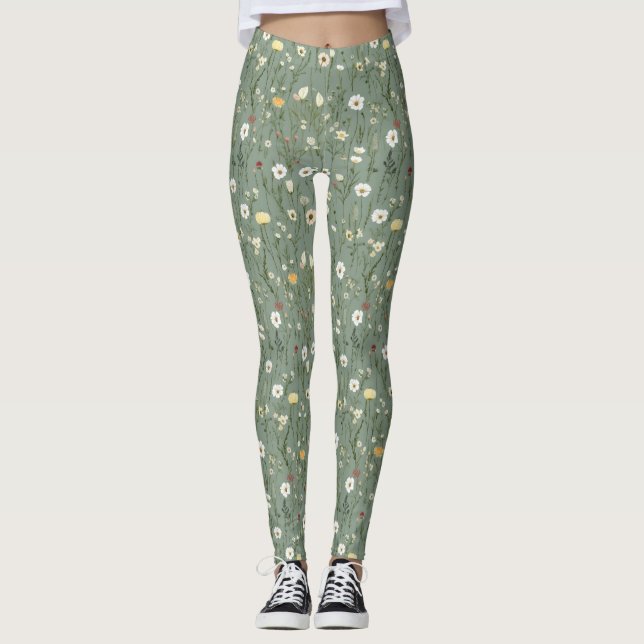 Wildflower Dusty Sage Floral Green Leggings (Front)