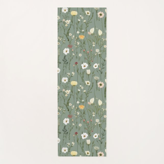 Wildflower Dusty Sage Floral Green Yoga Mat (Front)