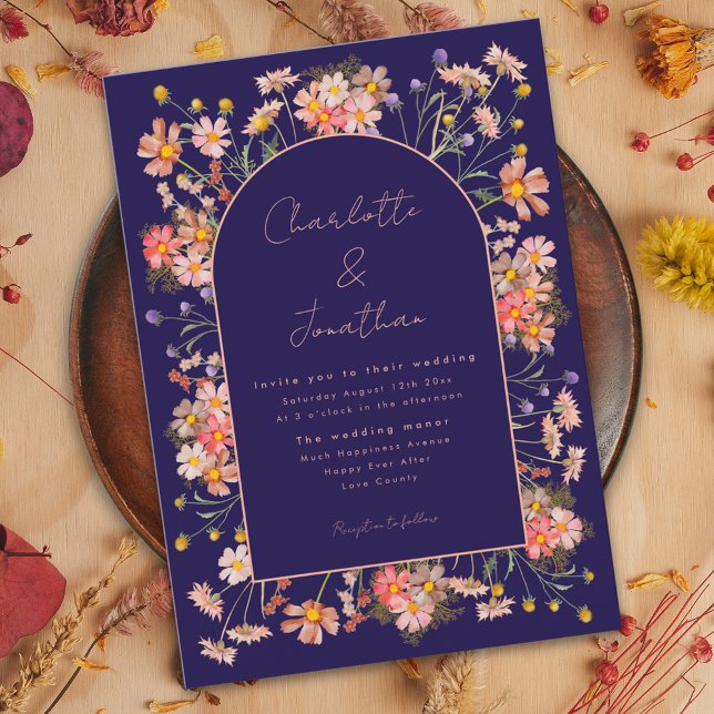 Wildflower Elegant Arch Navy Blue Fall Wedding Invitation (Wildflower arch navy blue terracotta burnt orange peach fall wedding invitation )