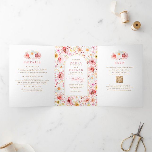 Wildflower Elegant Boho Garden Wedding Photo Tri-Fold Invitation (Inside)