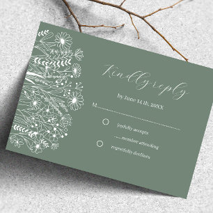  Wildflower Elegant Boho Sage Green Wedding RSVP Card