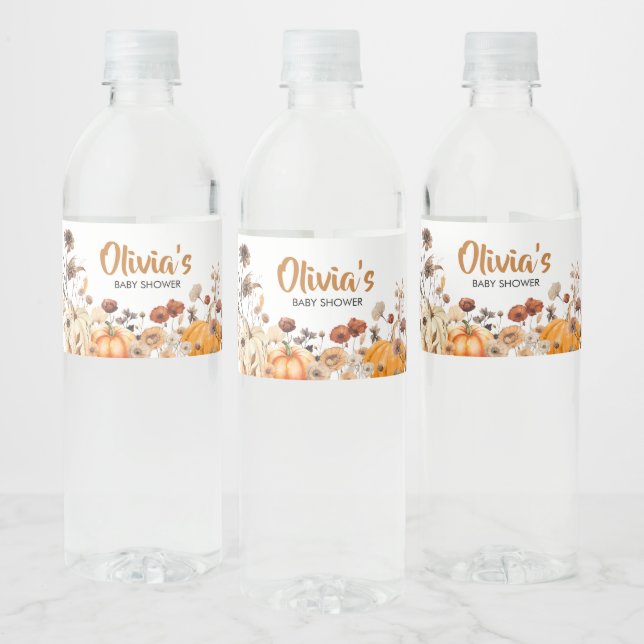 Wildflower Fall Pumpkin Baby Shower Water Bottle Label (Bottles)