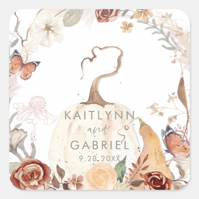 Wildflower Fall Pumpkin Wreath Watercolor Wedding Square Sticker (Front)