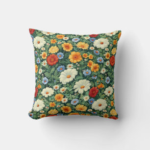 Wildflower Farmhouse Stylish Meadow Green Red  Throw Pillow