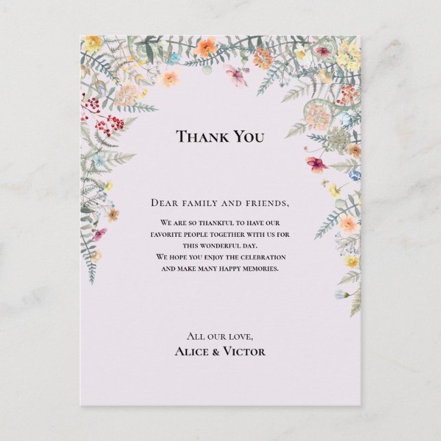 Wildflower Fern Lavender Reception Thank You Card (Front)