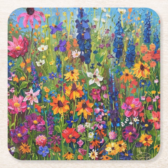 Wildflower field Acrylic painting Coaster (Front)