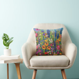 Wildflower field Acrylic painting Throw Pillow
