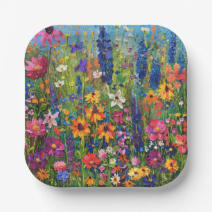 Wildflower field colourful painting paper plate