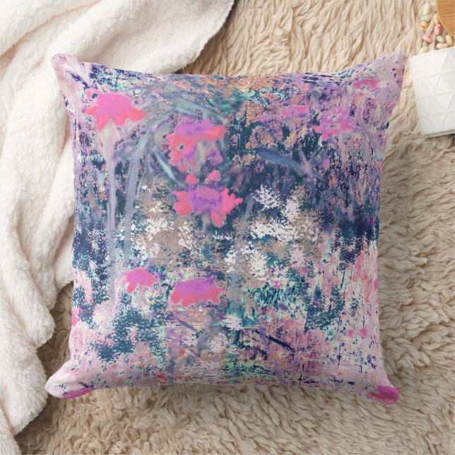 Wildflower Field Impressionism -Pink Throw Pillow (Blanket)