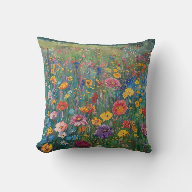 Wildflower field watercolor painting throw pillow (Front)