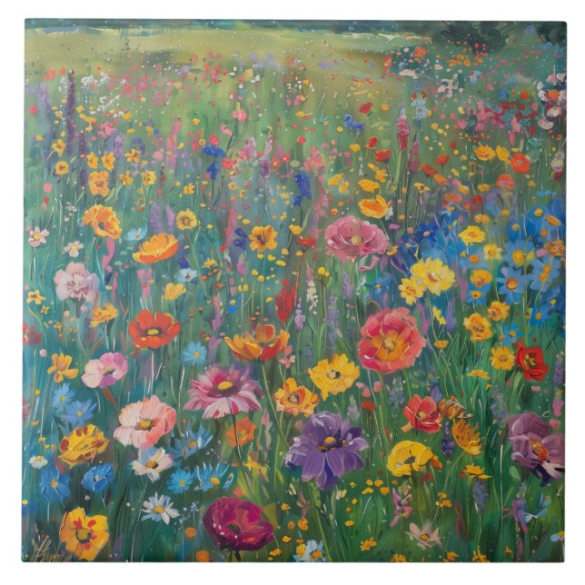 Wildflower field watercolor painting tile (Front)