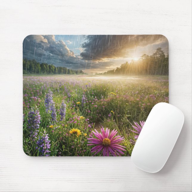 Wildflower Field With Raindrops Mouse Pad (With Mouse)