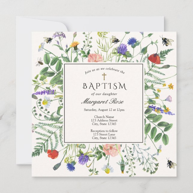 Wildflower Fields and Honey Bees Baptism Invitation (Front)