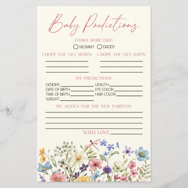 Wildflower Floral Baby Shower Predictions Game (Front)