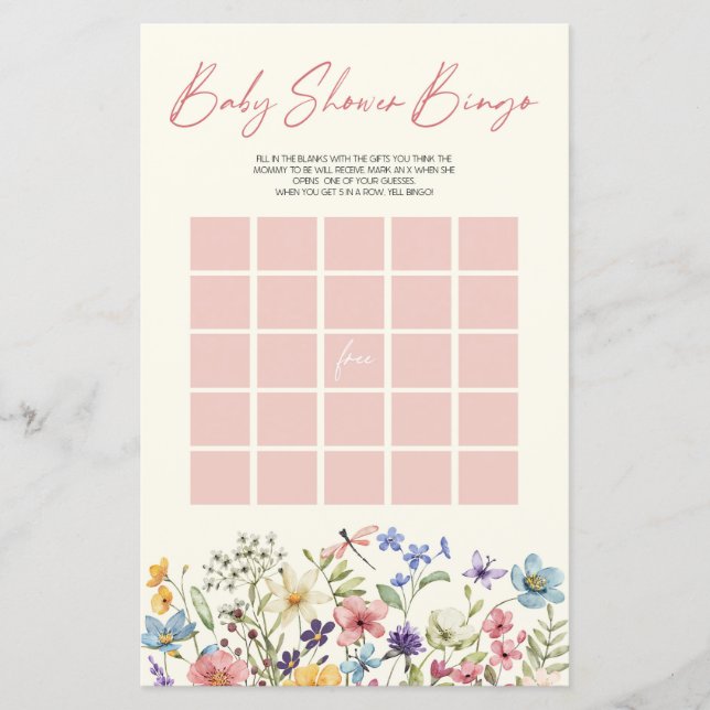 Wildflower Floral Bingo Baby Shower Game (Front)