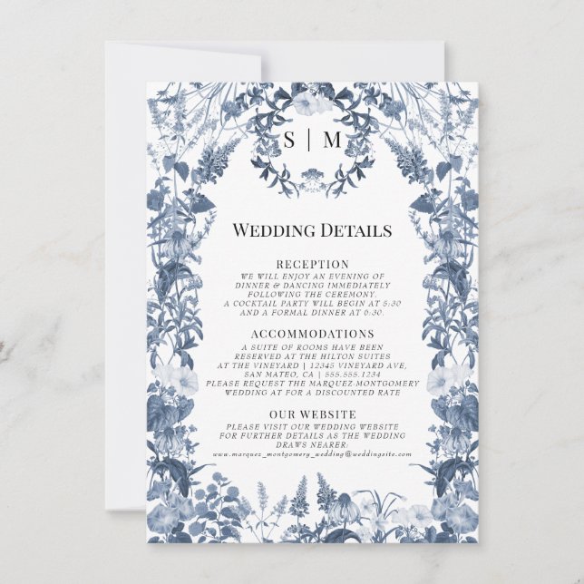 Wildflower Floral Blue and White Wedding Details Invitation (Front)