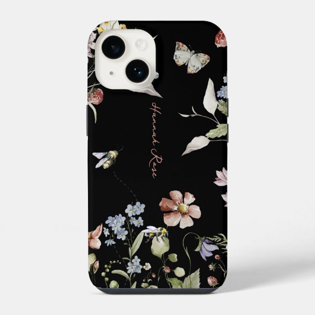 Wildflower Floral Bumble Bee | Monogram  iPhone Case (Back)