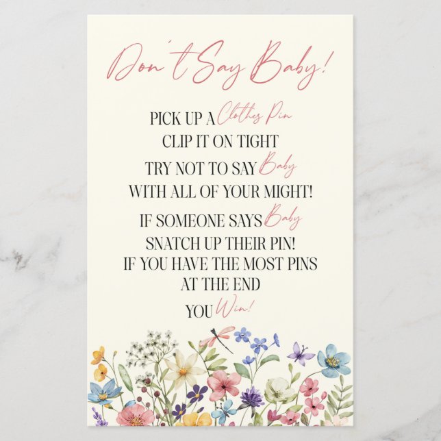 Wildflower Floral Don't Say Baby Shower Game (Front)