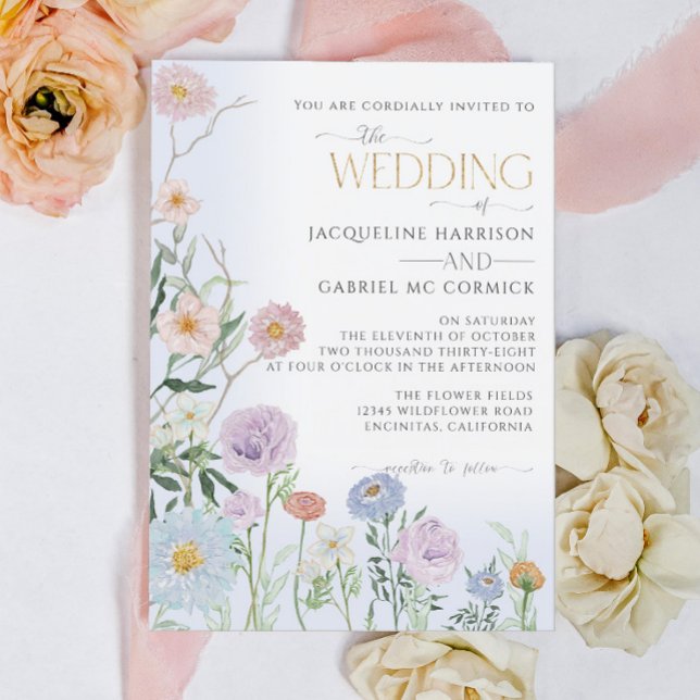 Wildflower Floral Elegant Watercolor Blue Wedding Invitation (Creator Uploaded)