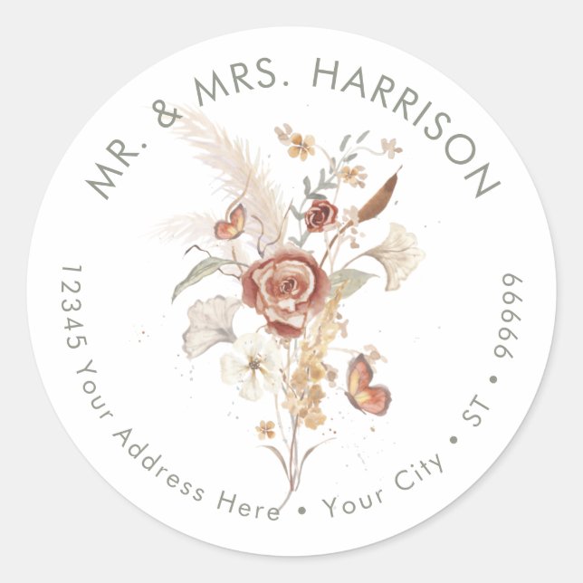 Wildflower Floral Fall Leaf BOHO Butterfly Wedding Classic Round Sticker (Front)