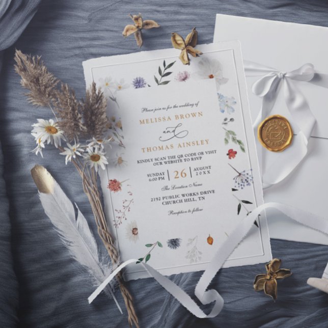 Wildflower Floral Frame Elegant QR Code Wedding Invitation (Creator Uploaded)