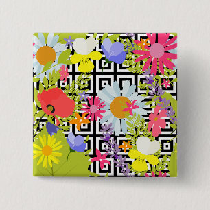Wildflower Floral Garden on Geometric Pattern 2 Inch Square Button