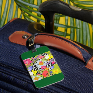 Wildflower Floral Garden on Geometric Pattern Luggage Tag