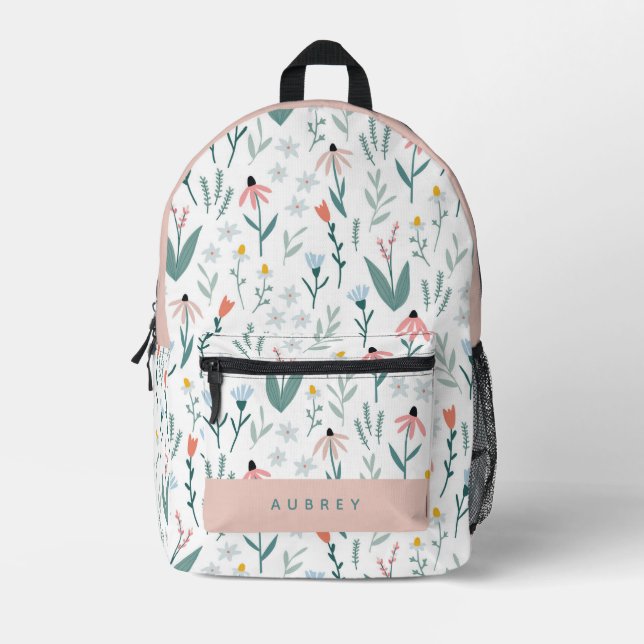 Wildflower Floral Garden Pattern White & Pink Printed Backpack (Front)