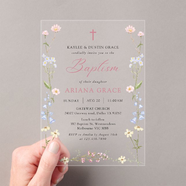 Wildflower Floral Girl Baptism Acrylic Invitations (Insitu (Handheld))