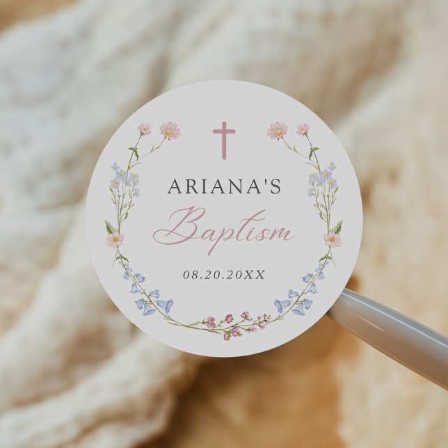 Wildflower Floral Girl Baptism Classic Round Sticker (Creator Uploaded)