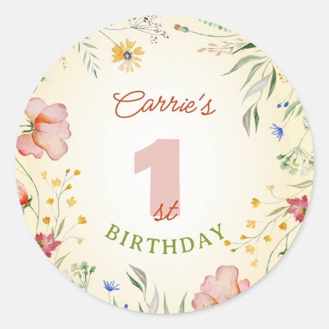 Wildflower Floral Girl's 1st First Birthday One Classic Round Sticker (Front)