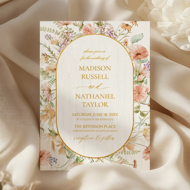 Wildflower Floral Meadow Gold Frame Wedding Invitation (Creator Uploaded)