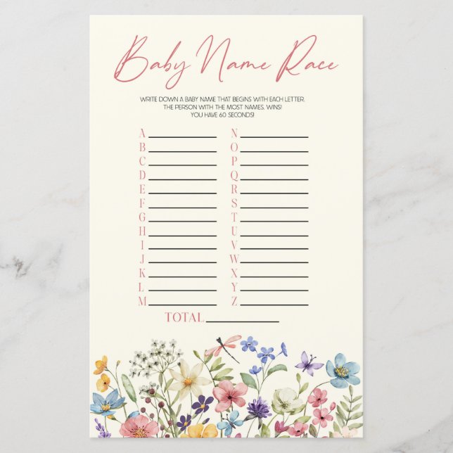 Wildflower Floral Name Race Baby Shower Game (Front)