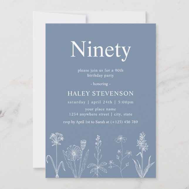 Wildflower Floral Ninety Dusty Blue 90th Birthday Invitation (Front)