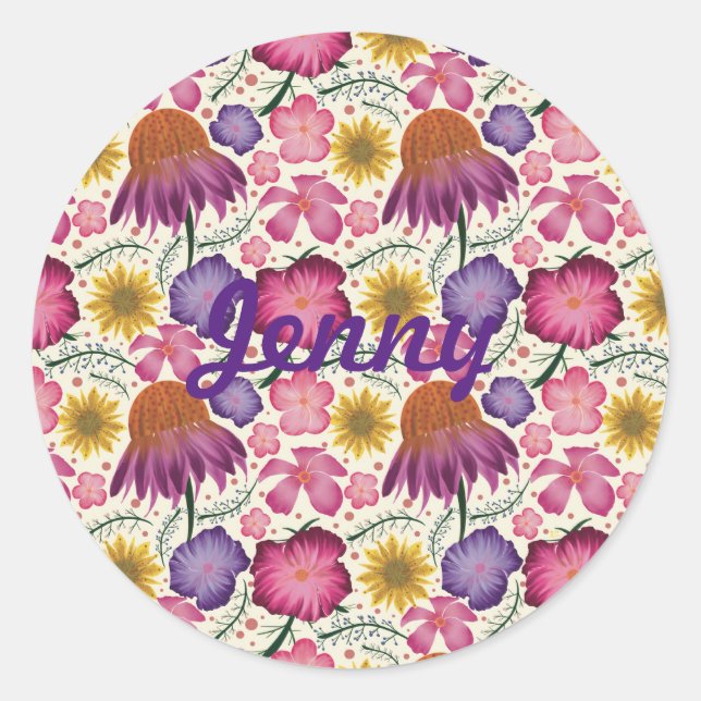 Wildflower Floral Pattern Personalized Classic Round Sticker (Front)