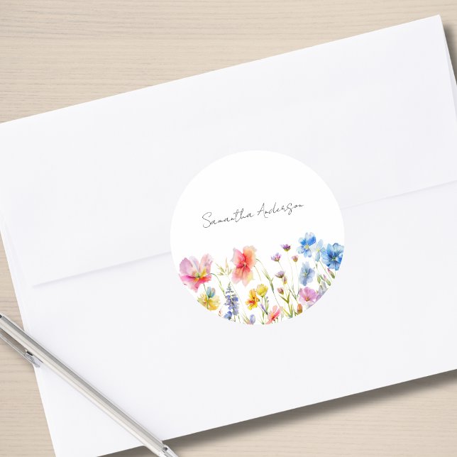 Wildflower Floral Personalized Classic Round Sticker (Creator Uploaded)