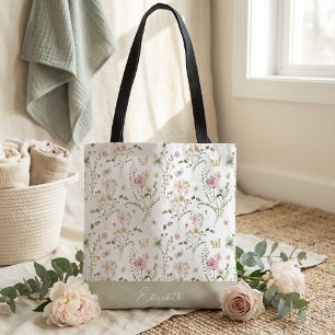 Wildflower Floral Personalized Name Tote Bag