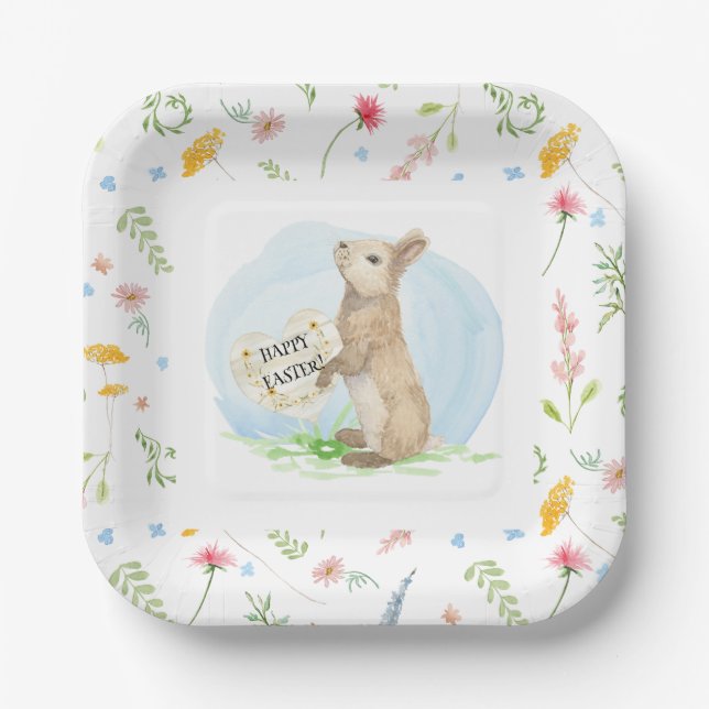 Wildflower Floral Peter Rabbit Easter Watercolor Paper Plate (Front)