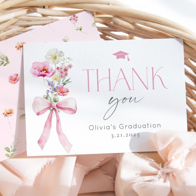 Wildflower Floral Pink Bow Graduation Thank You Card (Creator Uploaded)