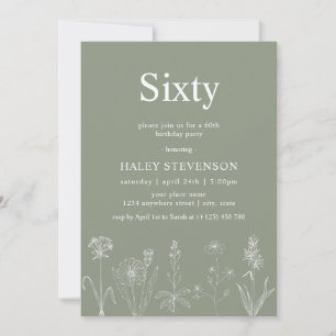 Wildflower Floral Sixty Sage Green 60th Birthday Invitation