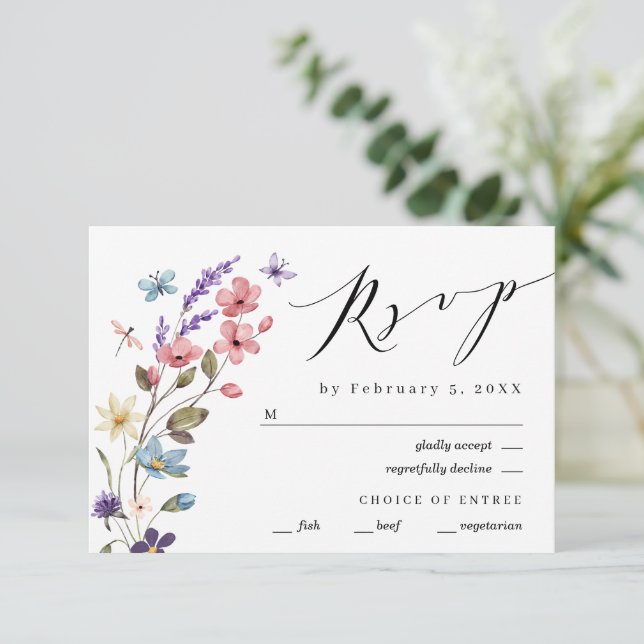 Wildflower Floral Spring Summer Wedding RSVP Card (Standing Front)