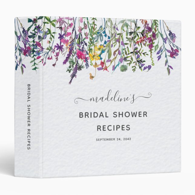 Wildflower Floral Watercolor Bridal Shower Recipe Binder (Front/Spine)